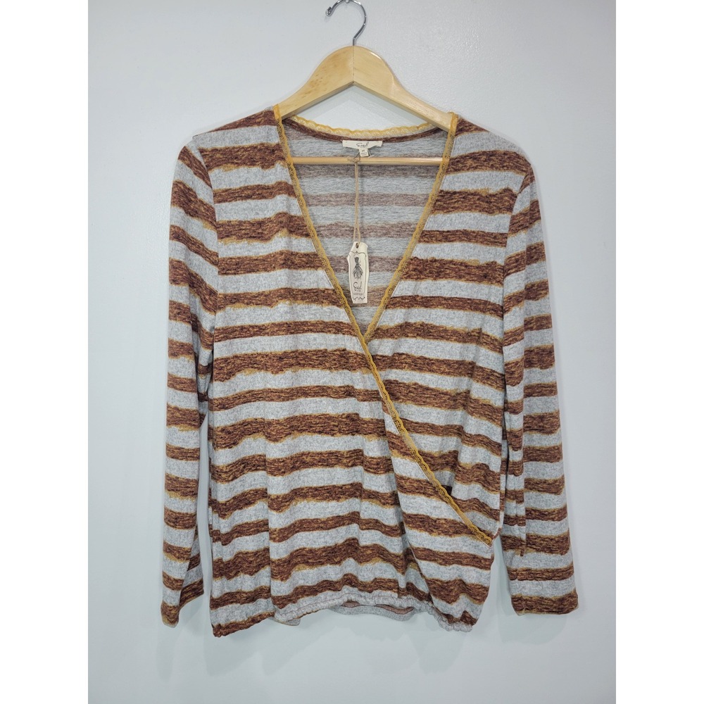 Easel Womens Striped Lace Trim Faux Wrap Surplice‎ Long Sleeve Top Grey Brown M